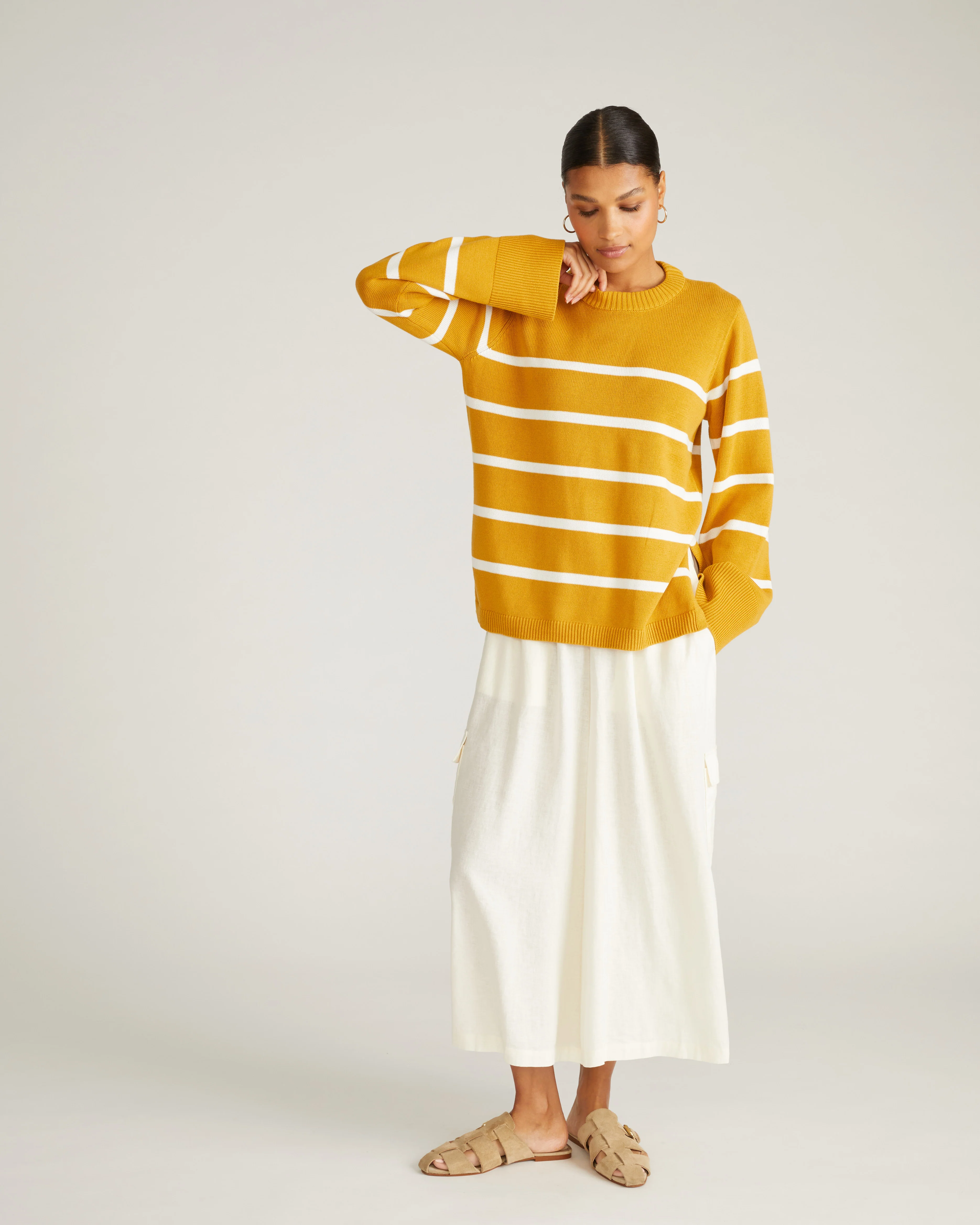 Bardot Wide Sleeve Cotton Sweater - Yellow Ochre/Cream Stripe - Image 2