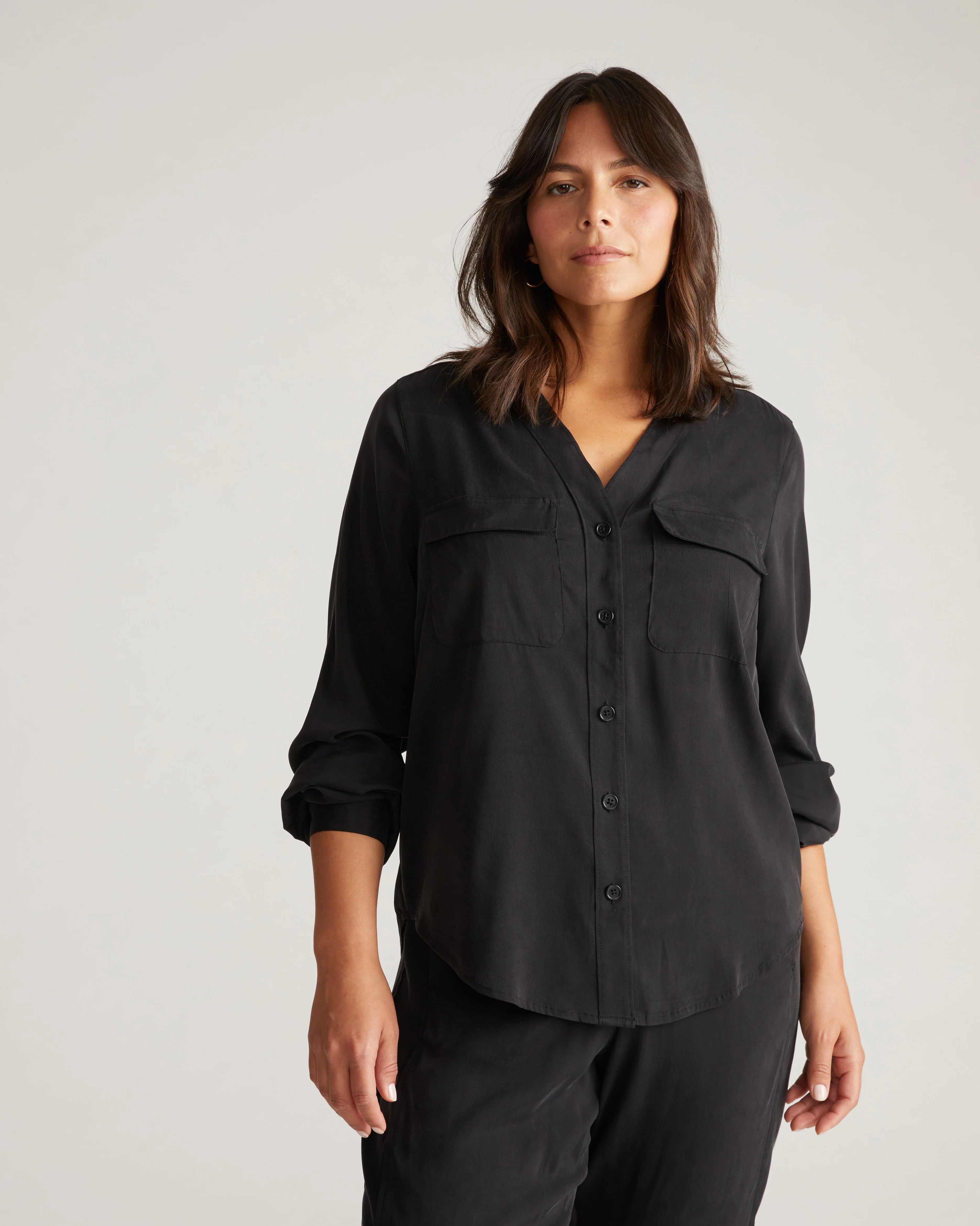 Cooling Stretch Cupro Button-Down Blouse - Black