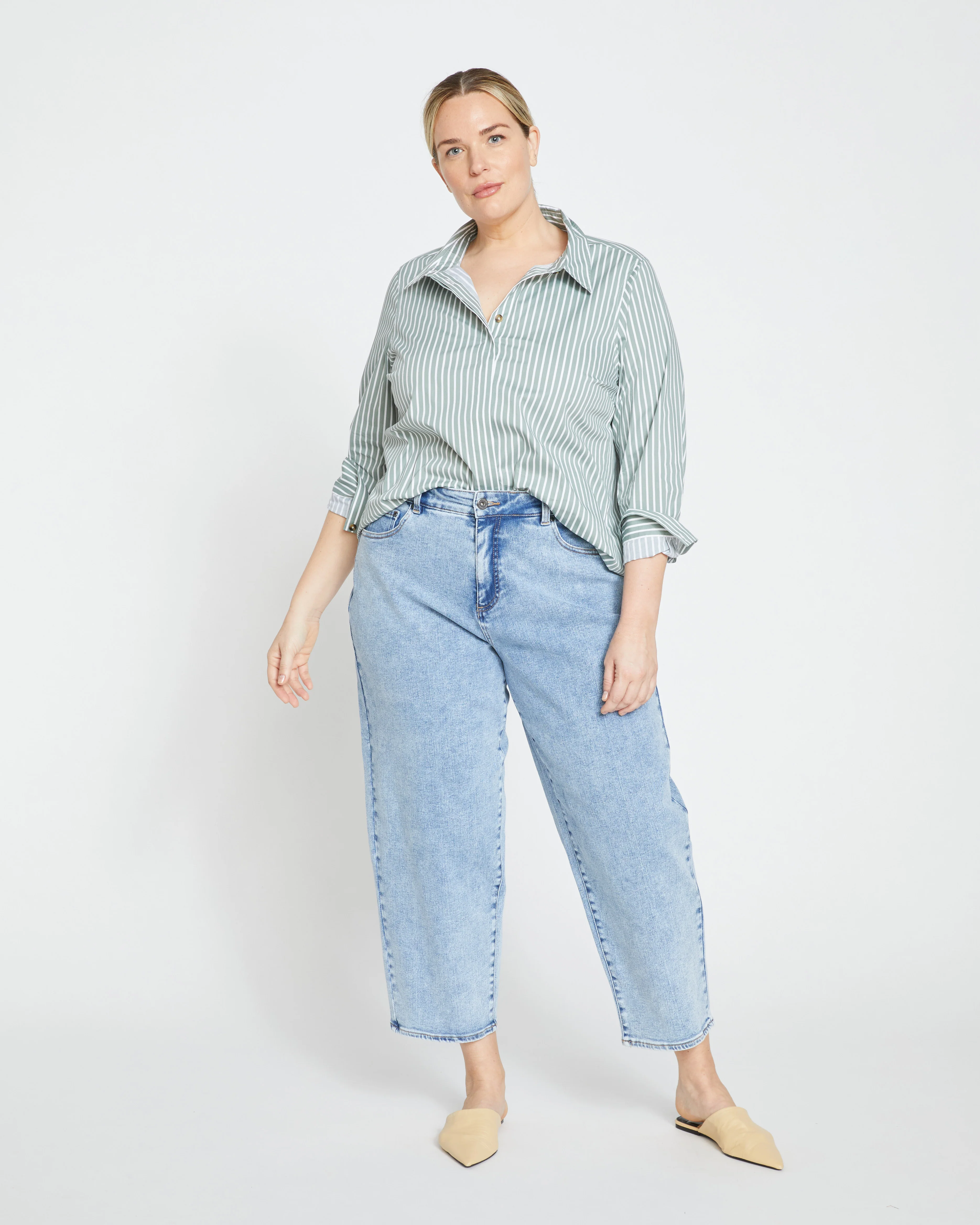 Elbe Stretch Poplin Shirt Classic Fit - Sage/White Stripe - Image 3