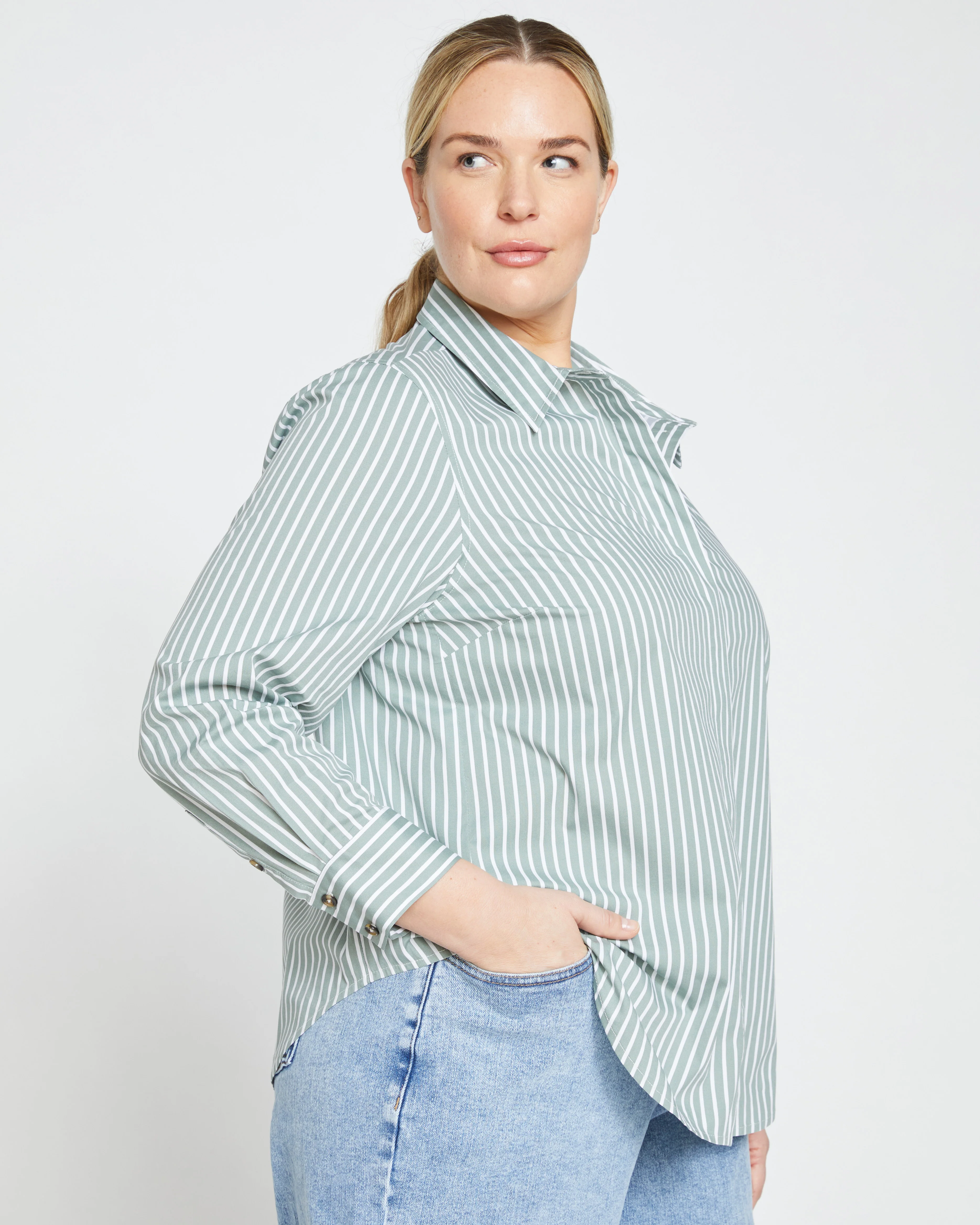 Elbe Stretch Poplin Shirt Classic Fit - Sage/White Stripe - Image 4