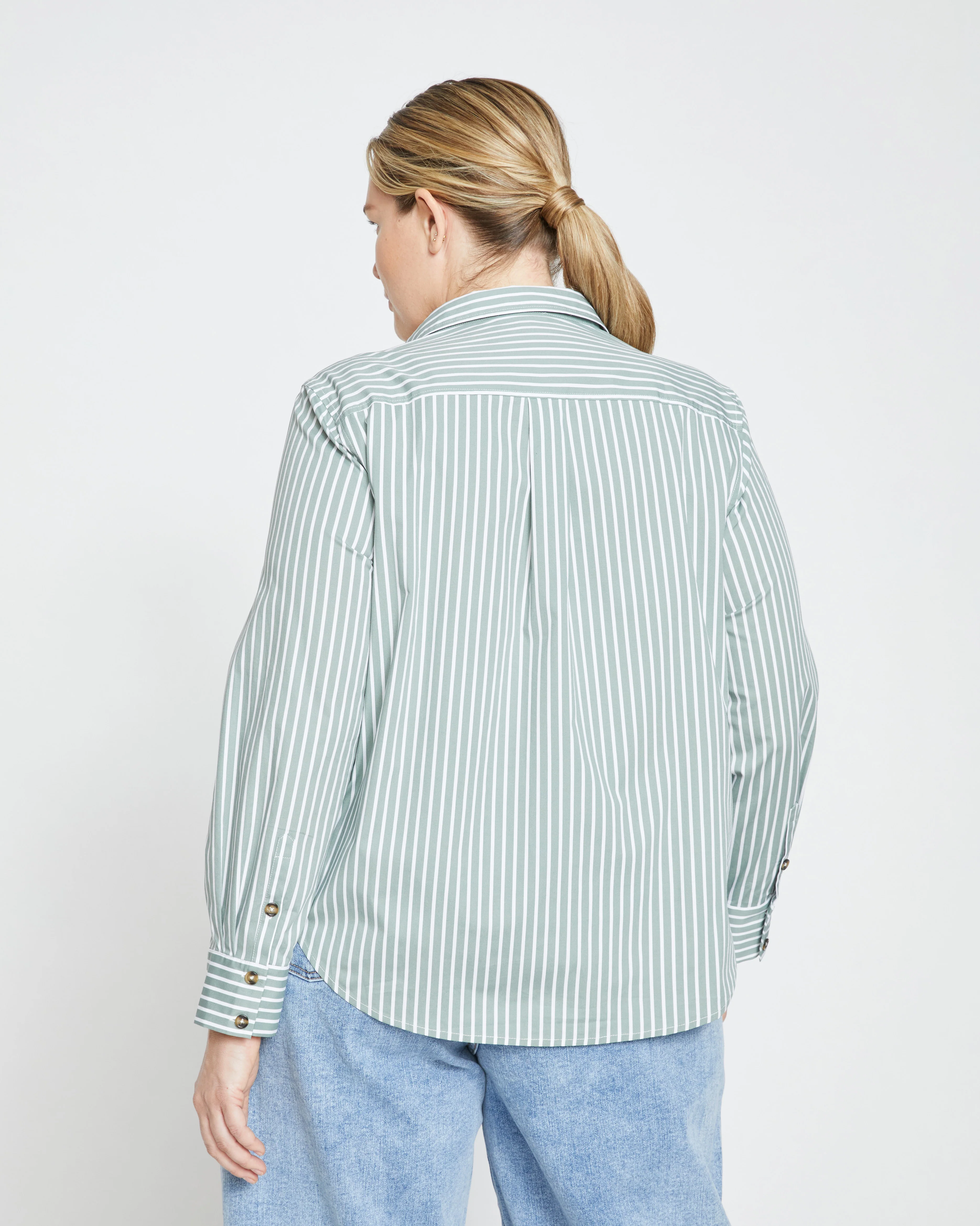 Elbe Stretch Poplin Shirt Classic Fit - Sage/White Stripe - Image 5