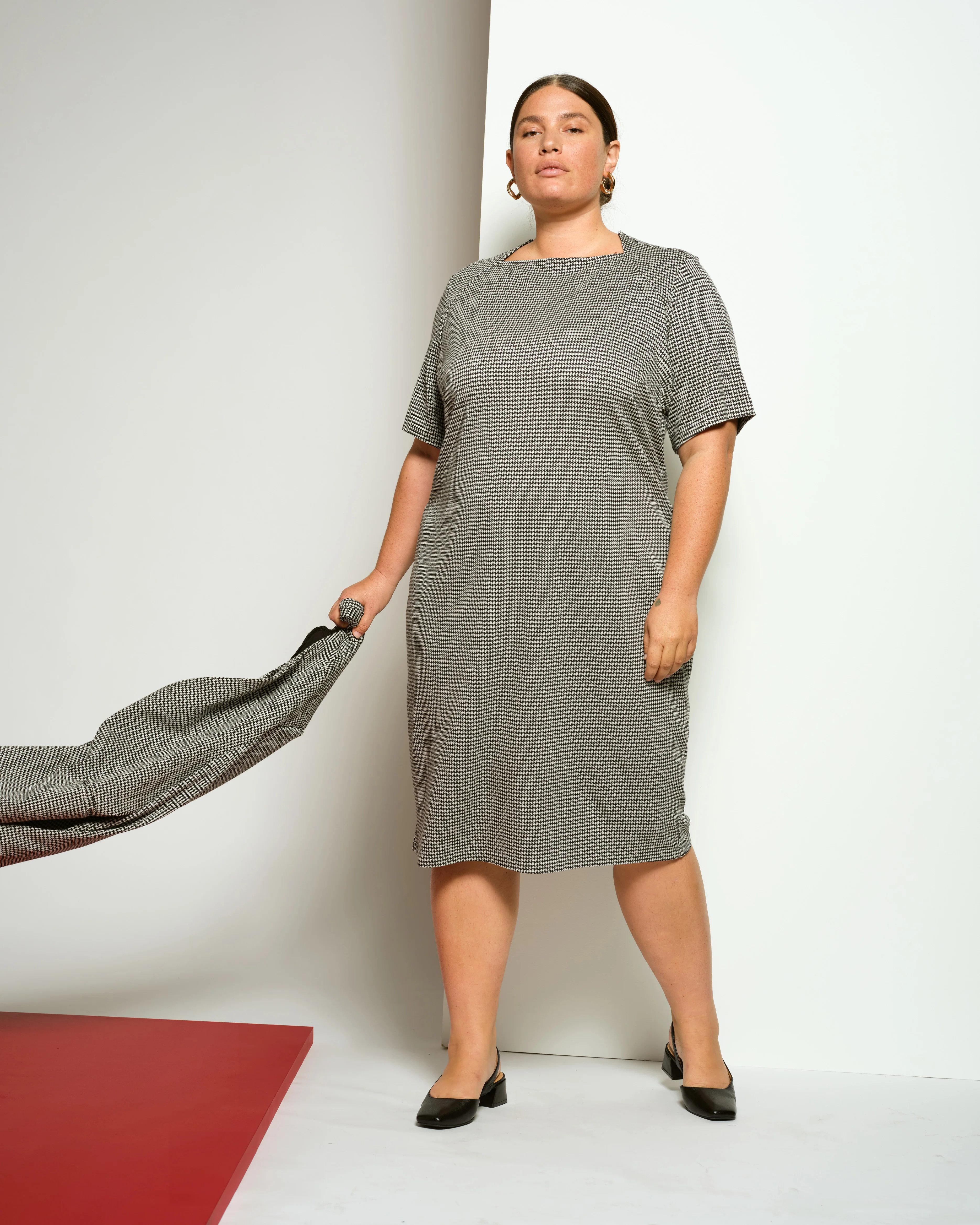Envelope Neck Ponte Dress - Black/White Houndstooth - Image 2