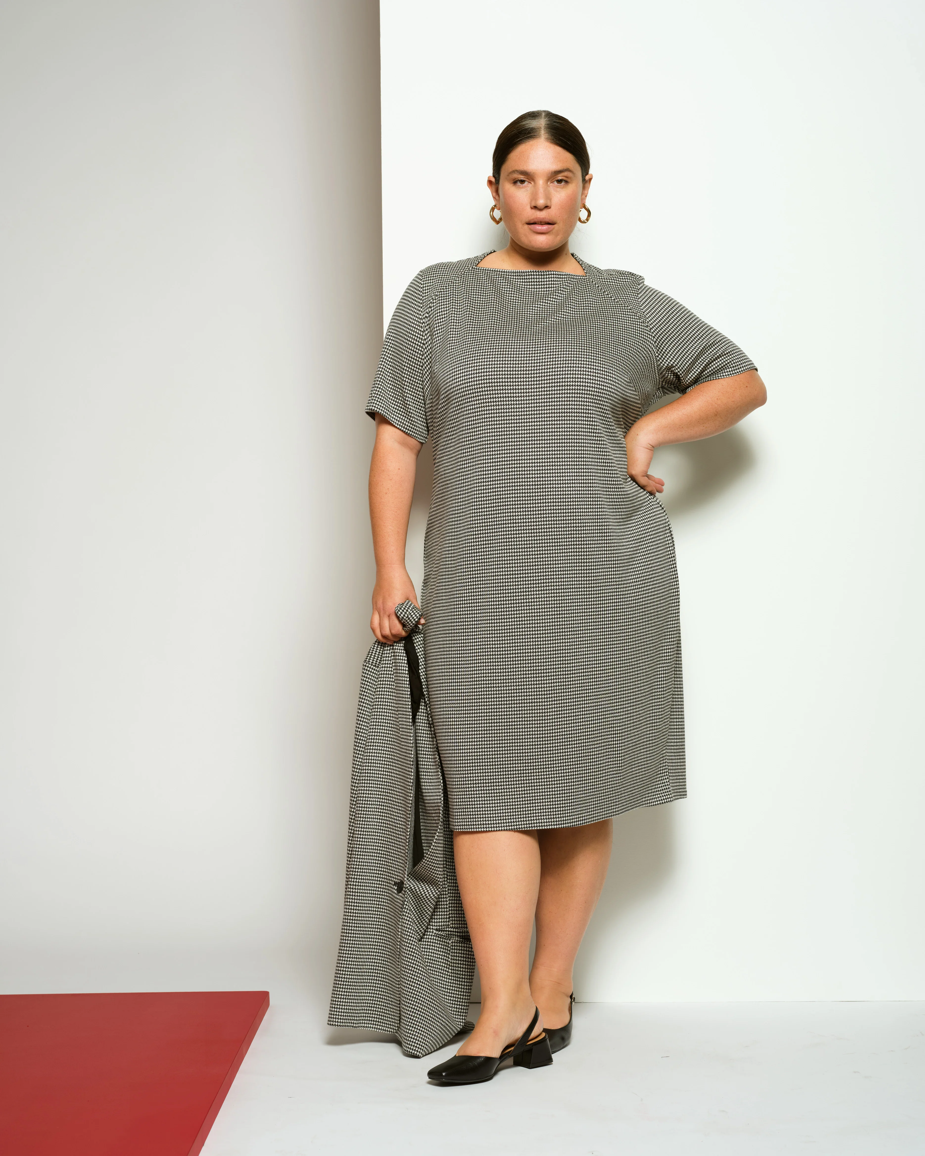 Envelope Neck Ponte Dress - Black/White Houndstooth - Image 3