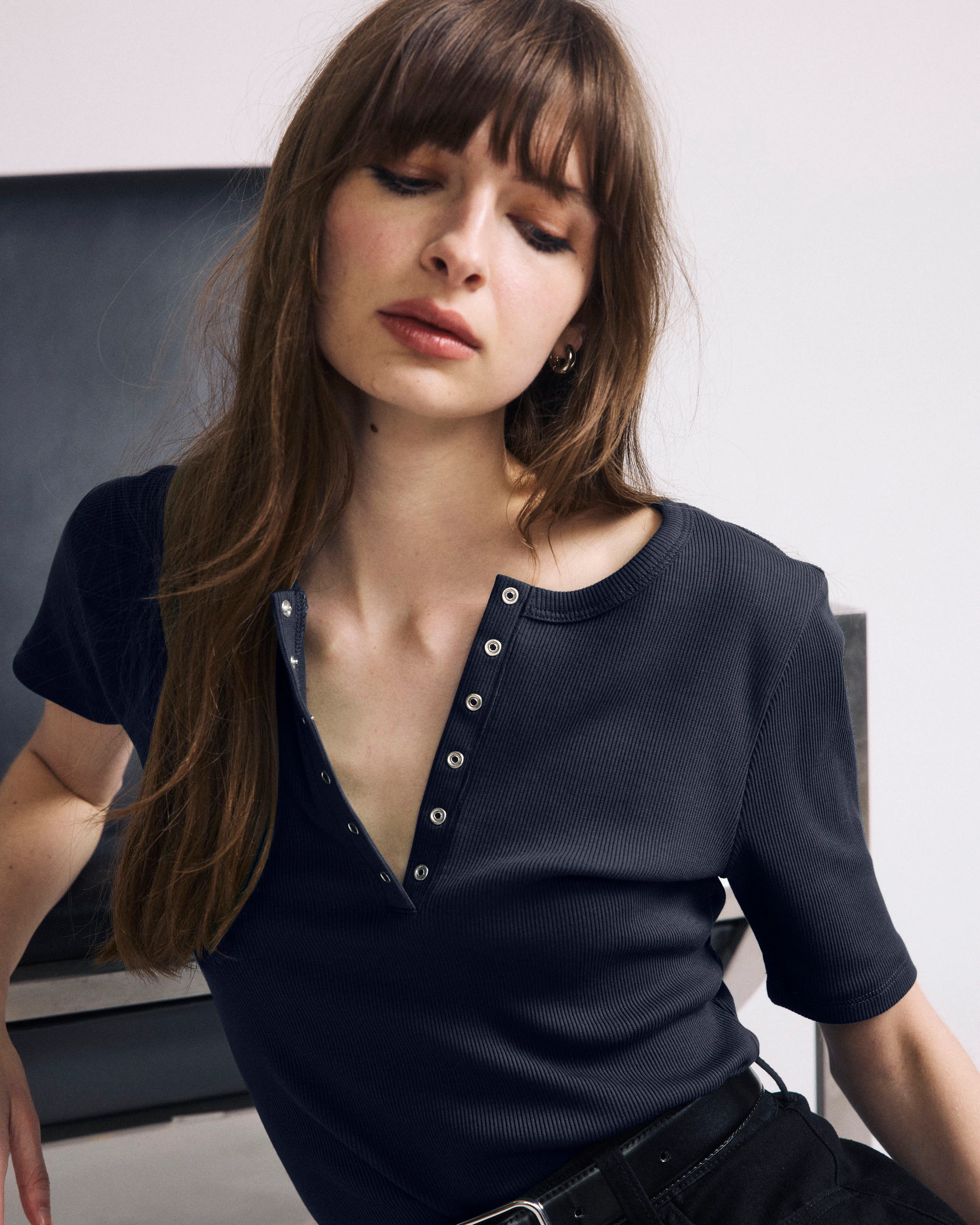 Henley Short Sleeve Ribbed Tee - Navy
