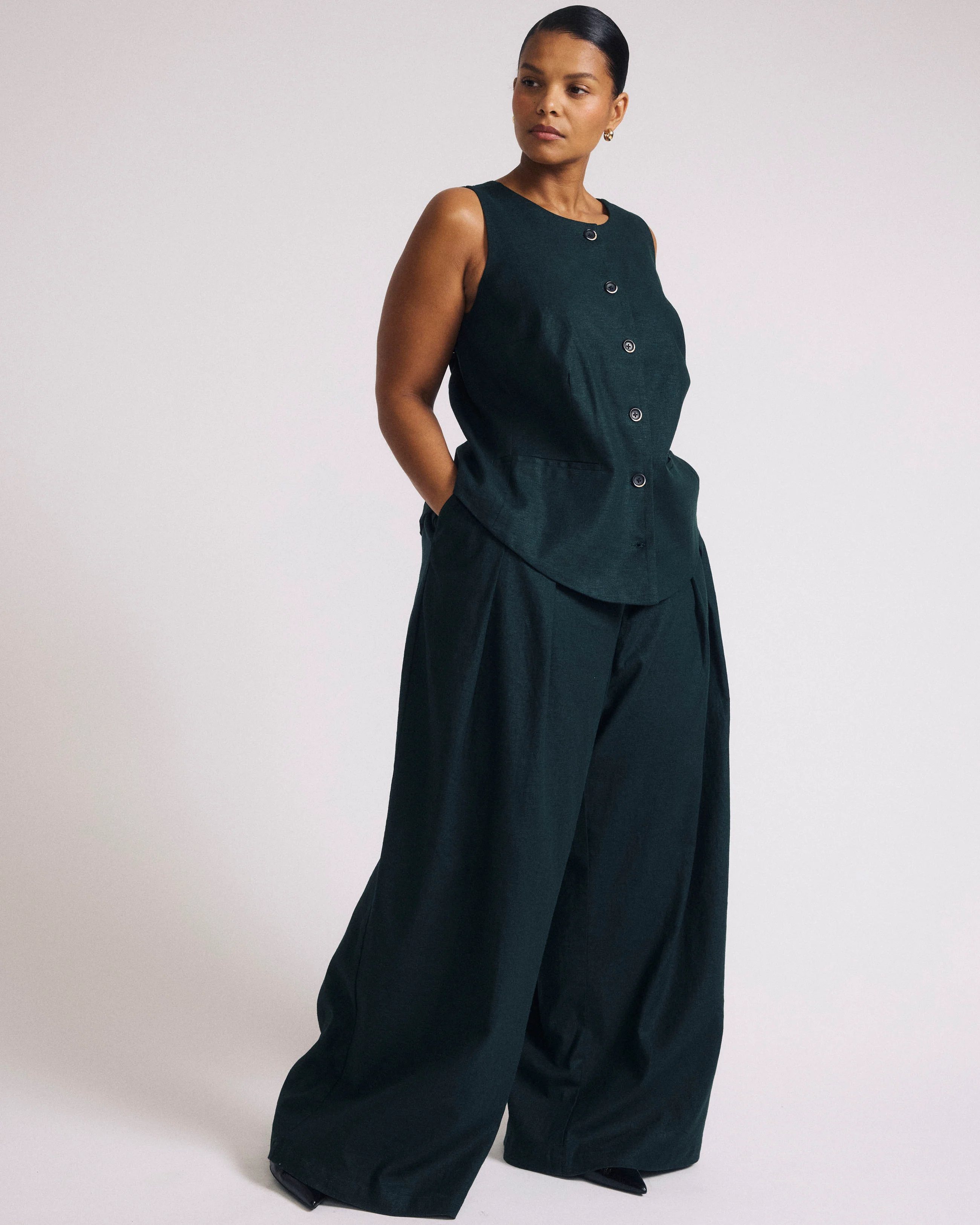 Palais Stretch Linen Wide Leg Pant - Forest Green