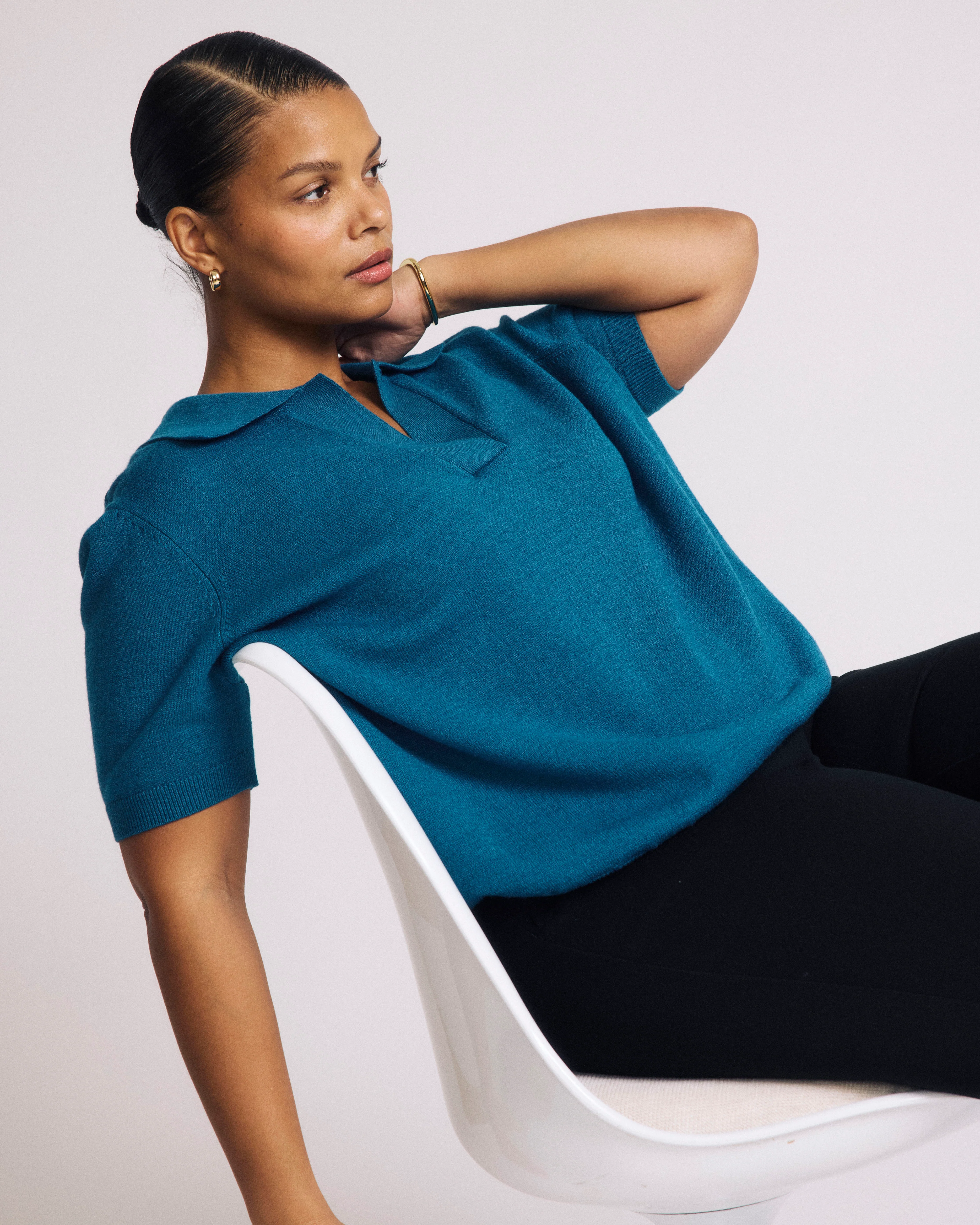 Savvy Fine Knit Short Sleeve Polo Sweater - Blue Beetle