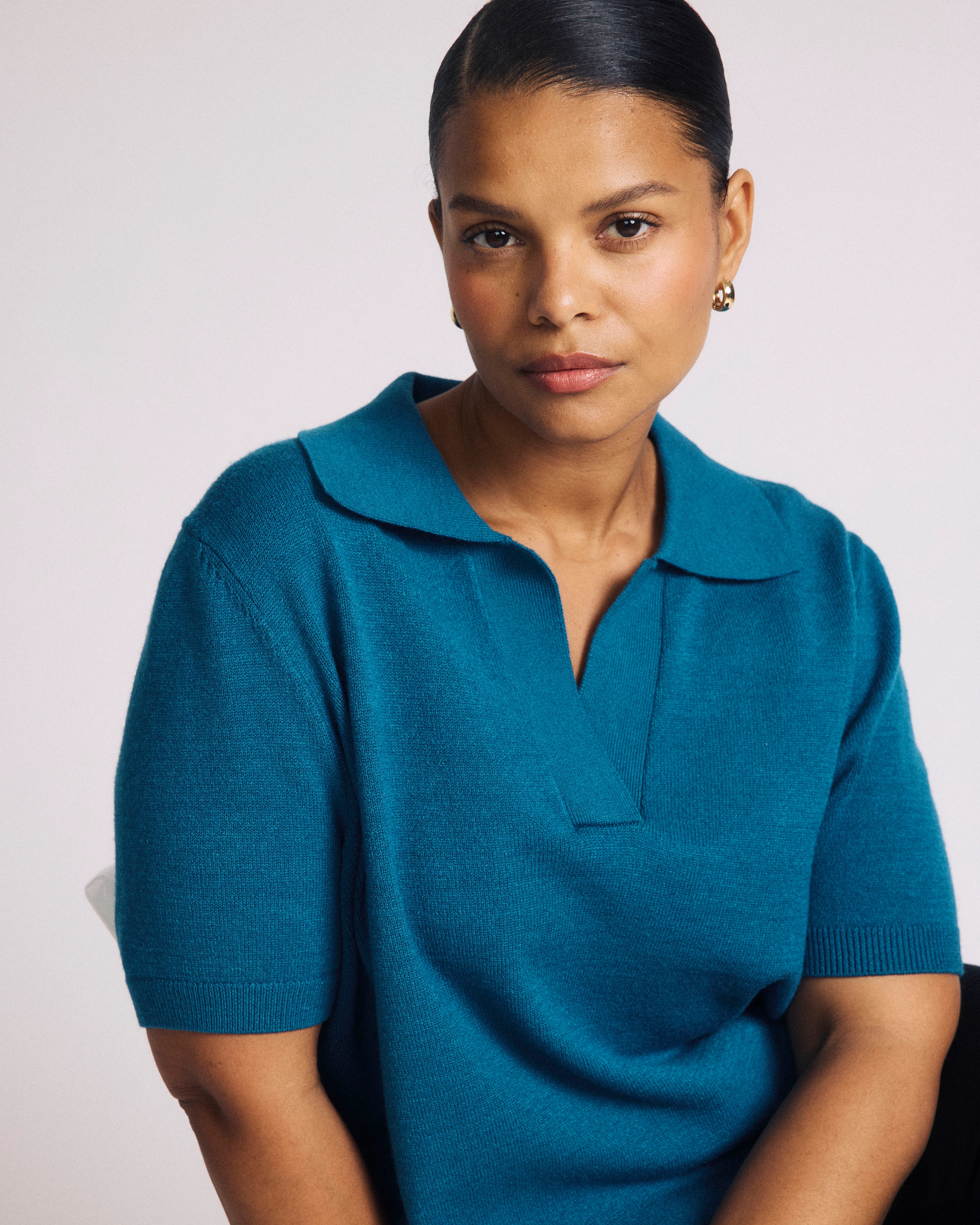 Savvy Fine Knit Short Sleeve Polo Sweater - Blue Beetle - Image 3