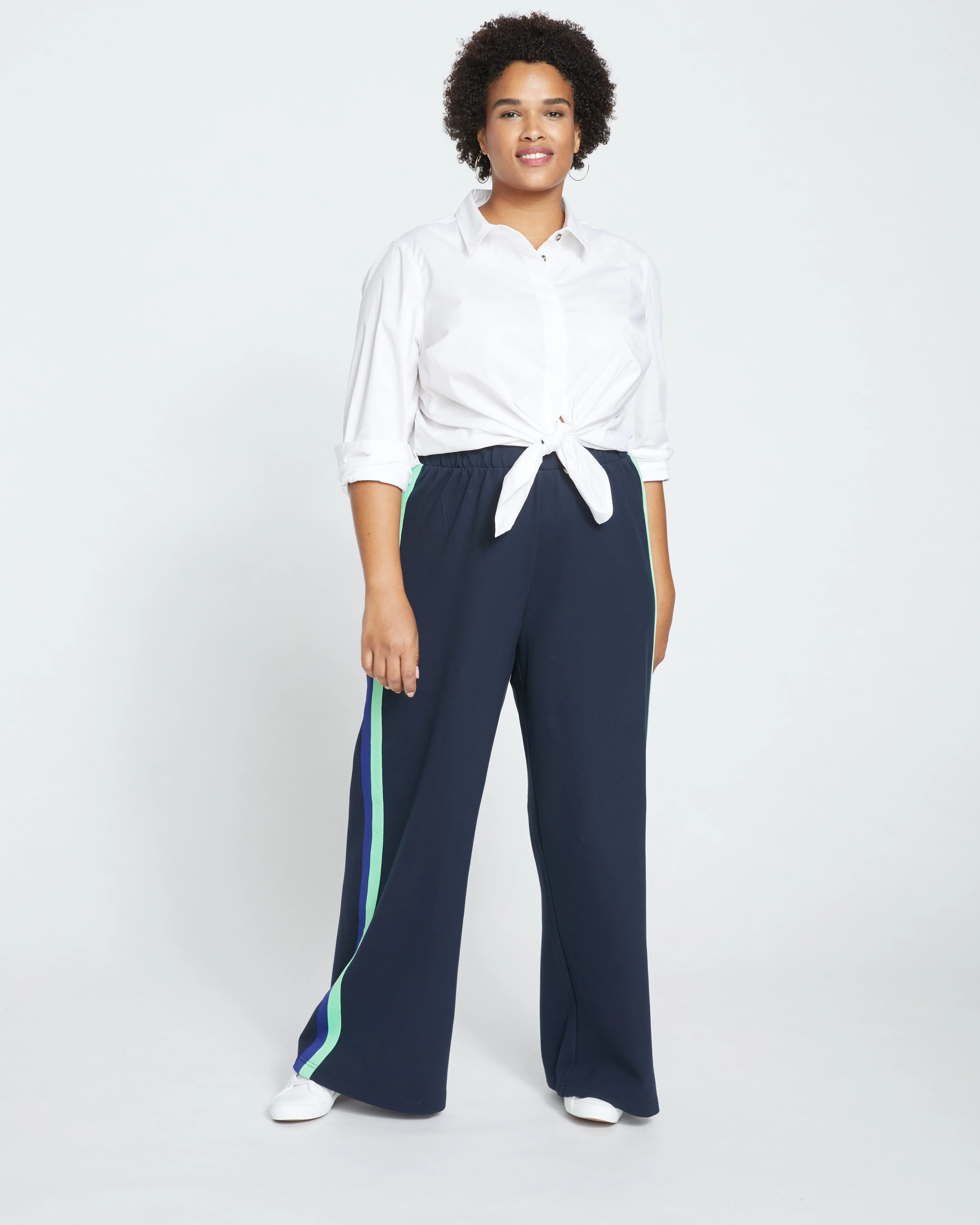 Stephanie Wide Leg Stripe Ponte Pants 30 Inch - Navy with Absinthe/Navy Stripe - Image 3