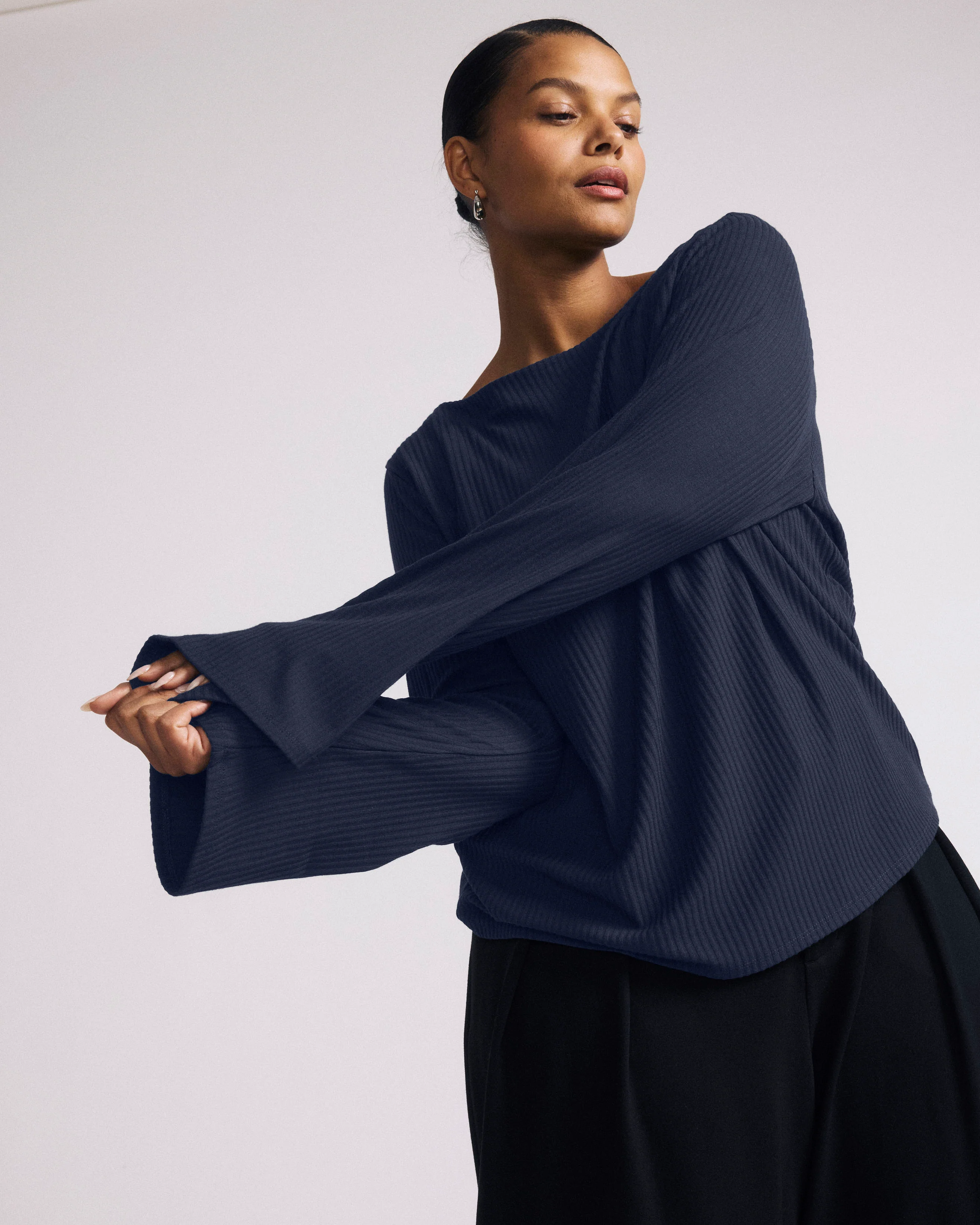 Yasmin Flare Sleeve Ribbed Top - Midnight